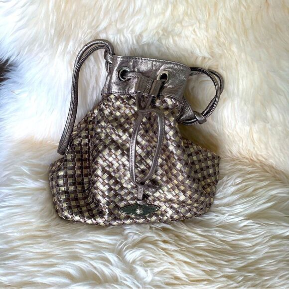 Elliott Lucca Metallic Gold and Silver Leather woven shoulder Bucket Bag - Picture 1 of 6